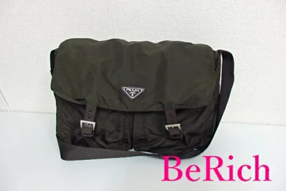 Prada Shoulder Bag Khaki Green Leather Pocono